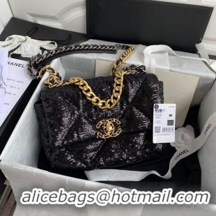 Buy Inexpensive Chanel 19 Flap Bag Original Beads Leather AS1160 Black