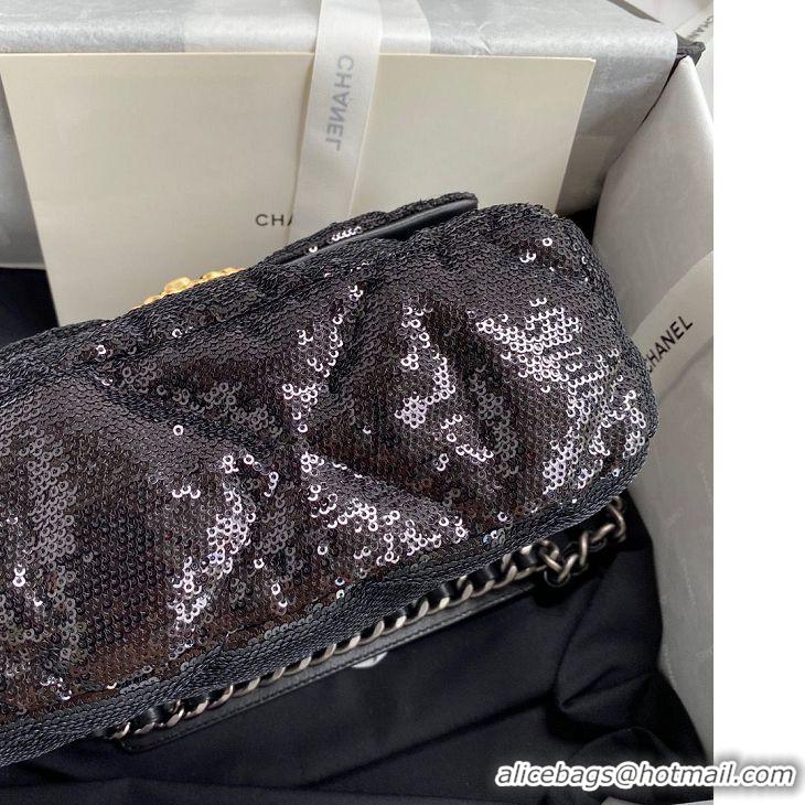 Buy Inexpensive Chanel 19 Flap Bag Original Beads Leather AS1160 Black