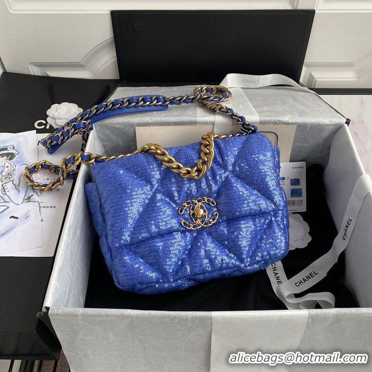 Unique Grade Chanel 19 Flap Bag Original Beads Leather AS1160 Blue