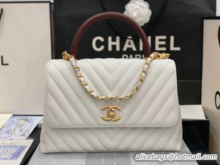 Unique Discount Chanel flap bag with red top handle V92991 white