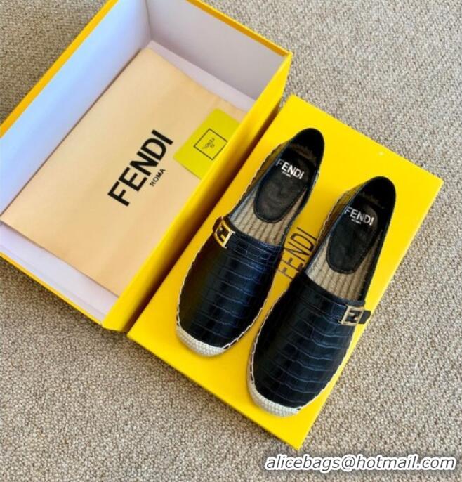 Best Product Fendi Crocodile Embossed Leather Espadrilles with FF Metal Buckle 72003 Black