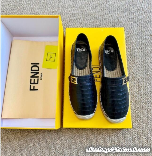 Best Product Fendi Crocodile Embossed Leather Espadrilles with FF Metal Buckle 72003 Black