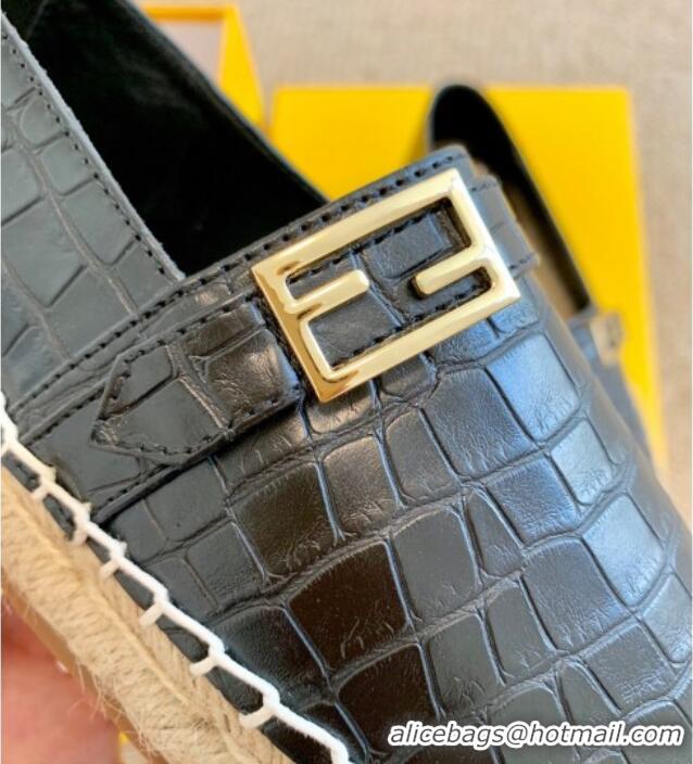 Best Product Fendi Crocodile Embossed Leather Espadrilles with FF Metal Buckle 72003 Black