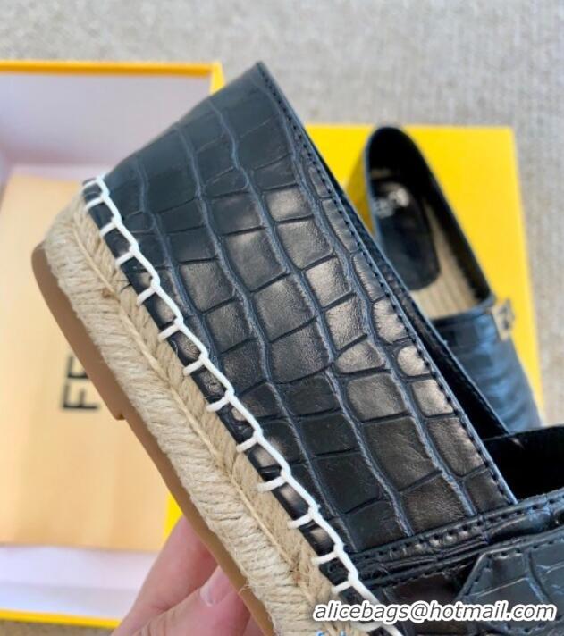 Best Product Fendi Crocodile Embossed Leather Espadrilles with FF Metal Buckle 72003 Black