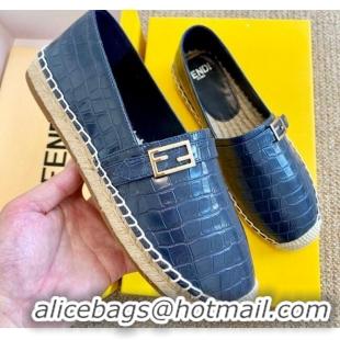  Good Taste Fendi Crocodile Embossed Leather Espadrilles with FF Metal Buckle 72003 Blue