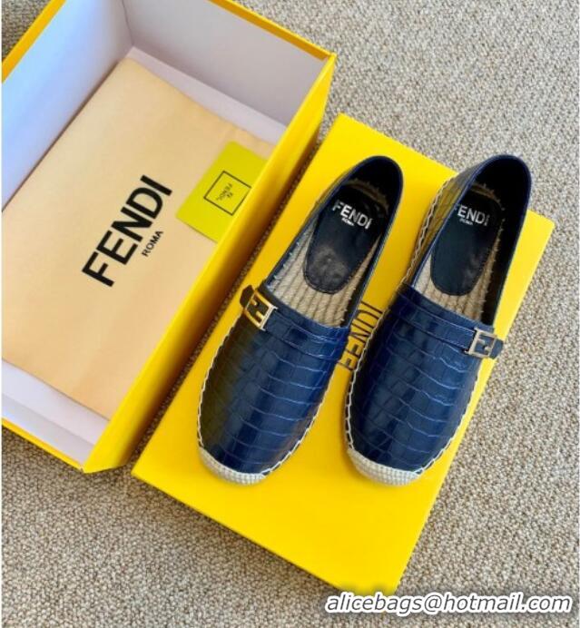  Good Taste Fendi Crocodile Embossed Leather Espadrilles with FF Metal Buckle 72003 Blue