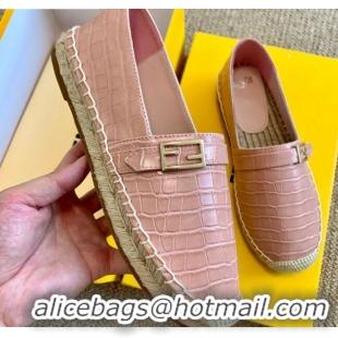 Luxury Cheap Fendi Crocodile Embossed Leather Espadrilles with FF Metal Buckle 72003 Pink