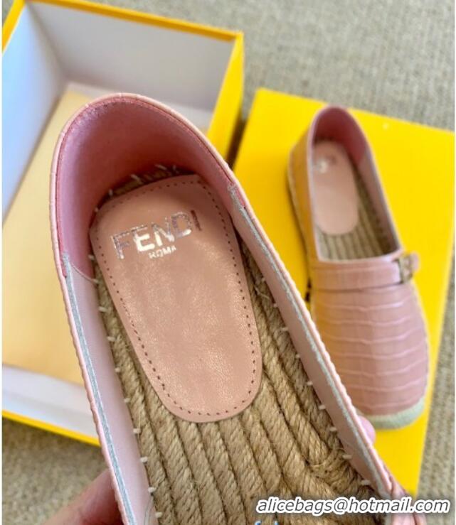 Luxury Cheap Fendi Crocodile Embossed Leather Espadrilles with FF Metal Buckle 72003 Pink