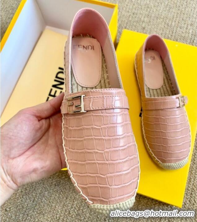 Luxury Cheap Fendi Crocodile Embossed Leather Espadrilles with FF Metal Buckle 72003 Pink