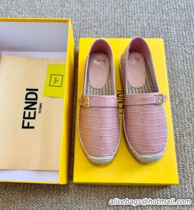 Luxury Cheap Fendi Crocodile Embossed Leather Espadrilles with FF Metal Buckle 72003 Pink