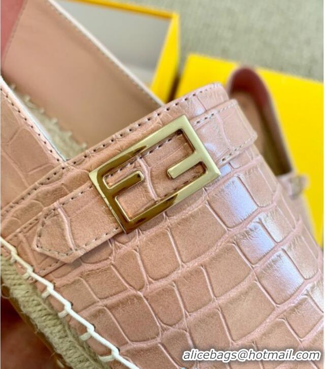 Luxury Cheap Fendi Crocodile Embossed Leather Espadrilles with FF Metal Buckle 72003 Pink