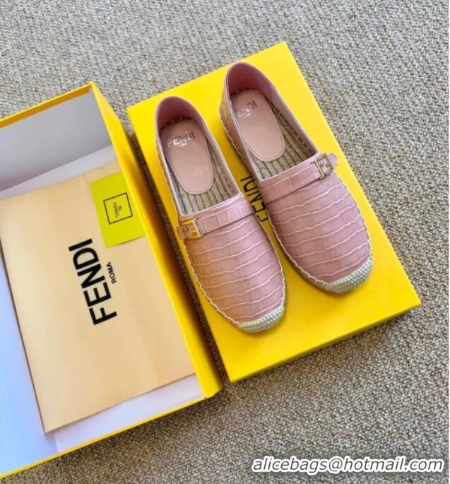 Luxury Cheap Fendi Crocodile Embossed Leather Espadrilles with FF Metal Buckle 72003 Pink