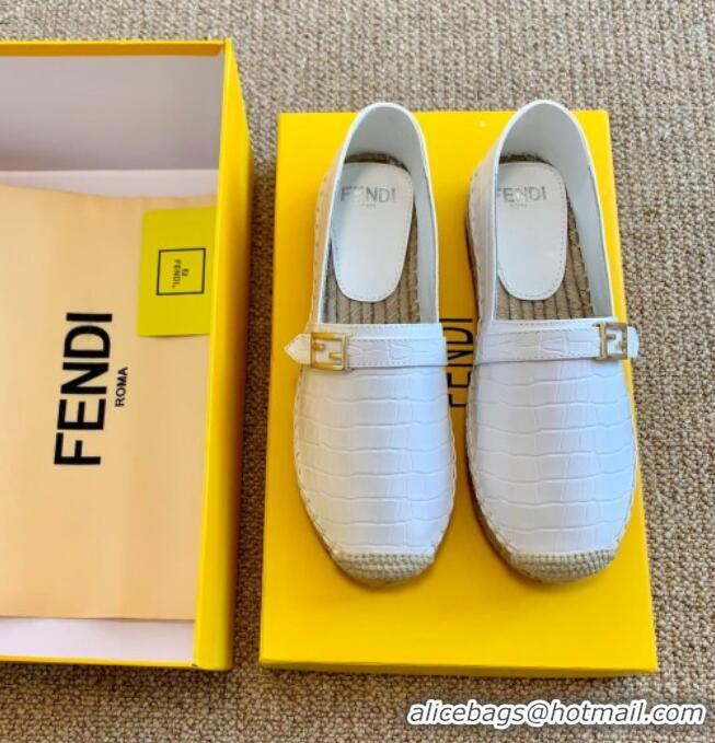 Popular Style Fendi Crocodile Embossed Leather Espadrilles with FF Metal Buckle 72003 White