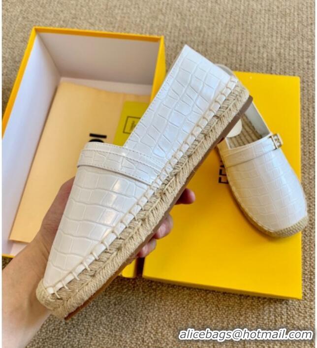 Popular Style Fendi Crocodile Embossed Leather Espadrilles with FF Metal Buckle 72003 White