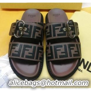 Top Grade Fendi FF Leather Flat Slide Sandals 72007 Brown/Black 2020