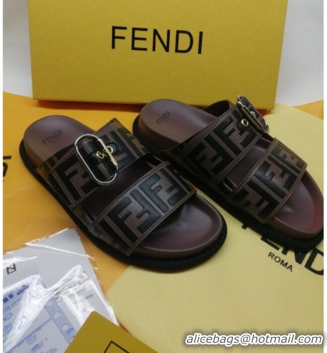 Top Grade Fendi FF Leather Flat Slide Sandals 72007 Brown/Black 2020