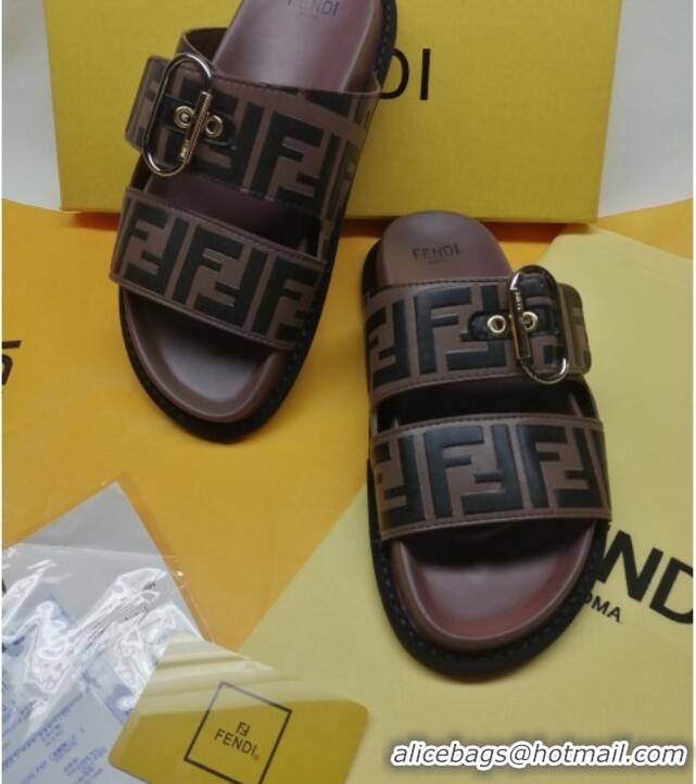 Top Grade Fendi FF Leather Flat Slide Sandals 72007 Brown/Black 2020