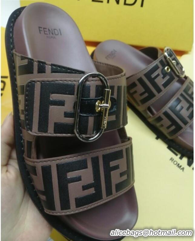 Top Grade Fendi FF Leather Flat Slide Sandals 72007 Brown/Black 2020