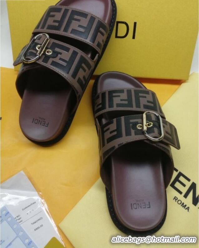 Top Grade Fendi FF Leather Flat Slide Sandals 72007 Brown/Black 2020