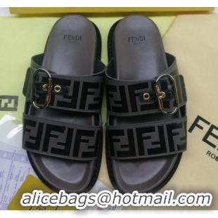 Lowest Cost Fendi FF Leather Flat Slide Sandals 72007 Grey 2020