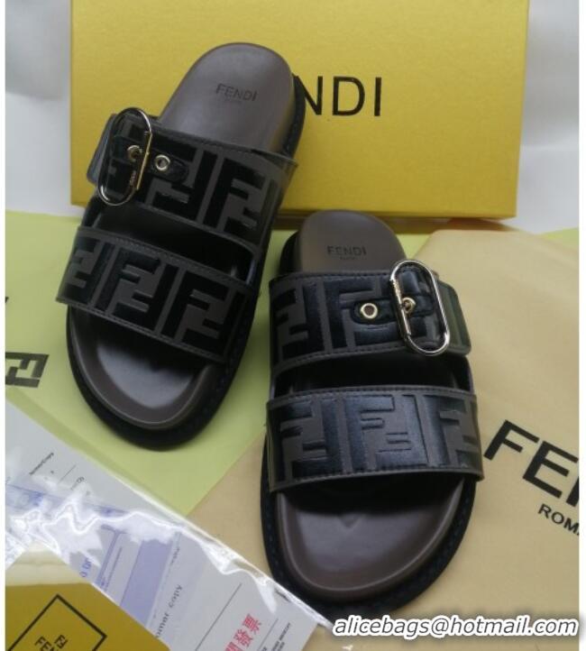 Lowest Cost Fendi FF Leather Flat Slide Sandals 72007 Grey 2020