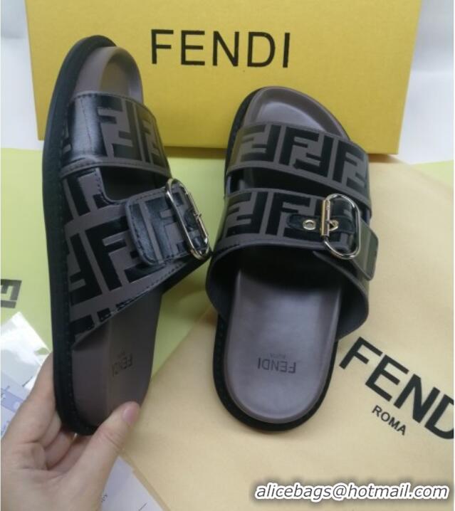 Lowest Cost Fendi FF Leather Flat Slide Sandals 72007 Grey 2020