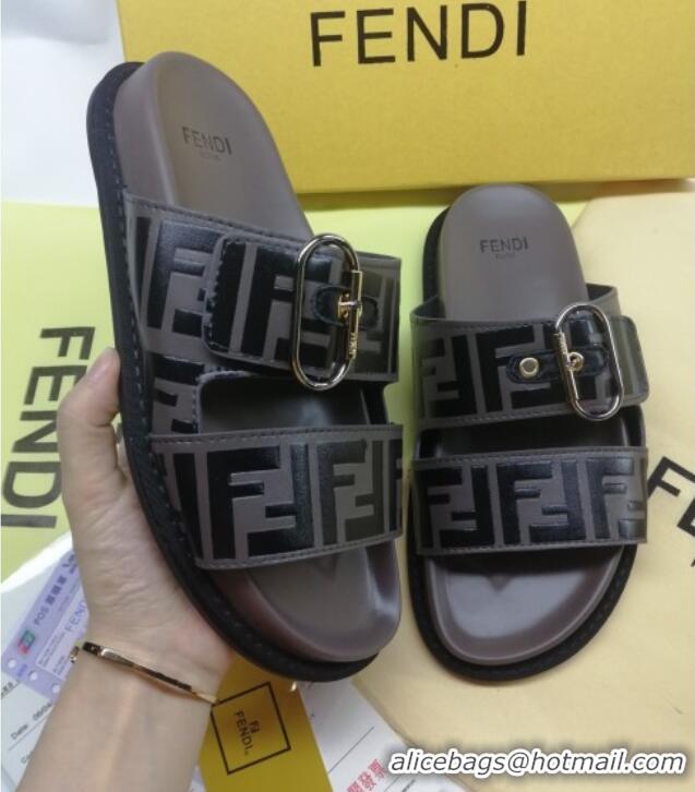 Lowest Cost Fendi FF Leather Flat Slide Sandals 72007 Grey 2020