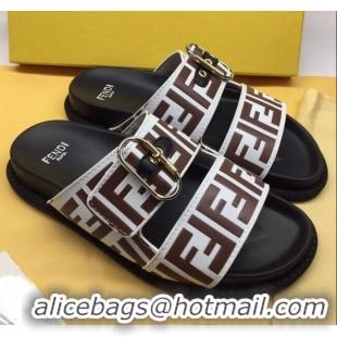 Good Quality Fendi FF Leather Flat Slide Sandals 72007  White/Brown 2020