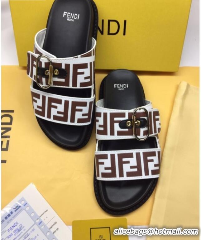 Good Quality Fendi FF Leather Flat Slide Sandals 72007  White/Brown 2020