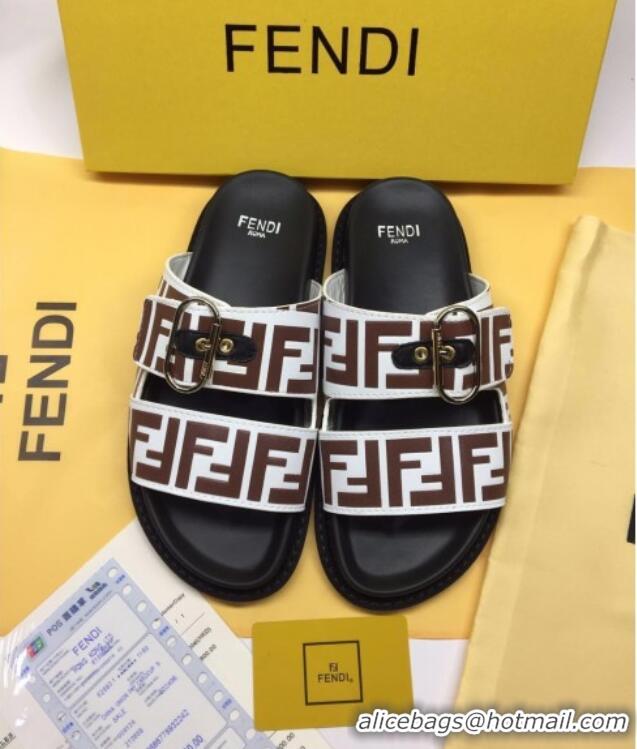 Good Quality Fendi FF Leather Flat Slide Sandals 72007  White/Brown 2020