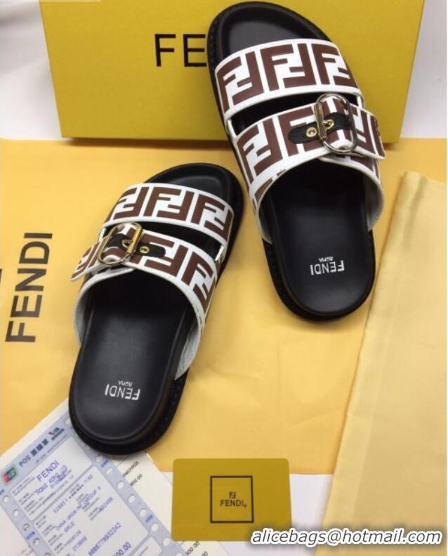 Good Quality Fendi FF Leather Flat Slide Sandals 72007  White/Brown 2020