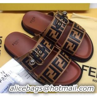 Pretty Style Fendi FF Leather Flat Slide Sandals 72007 Coffee Brown 2020