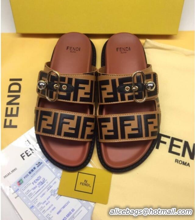 Pretty Style Fendi FF Leather Flat Slide Sandals 72007 Coffee Brown 2020