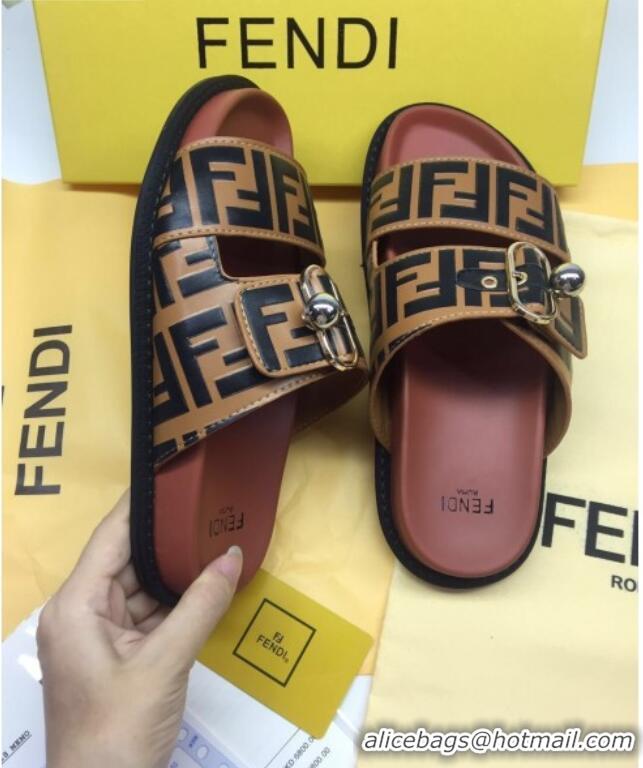 Pretty Style Fendi FF Leather Flat Slide Sandals 72007 Coffee Brown 2020