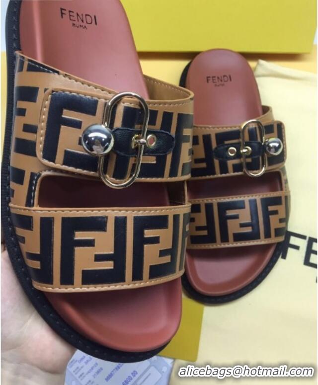 Pretty Style Fendi FF Leather Flat Slide Sandals 72007 Coffee Brown 2020