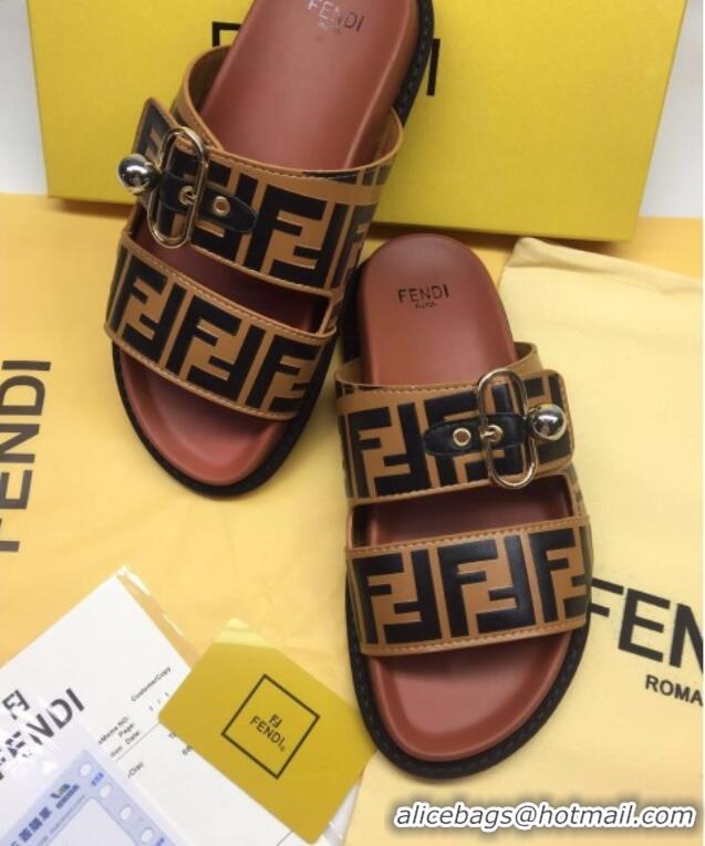 Pretty Style Fendi FF Leather Flat Slide Sandals 72007 Coffee Brown 2020