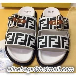 Good Looking Fendi FF Leather Flat Slide Sandals 72007 White/Black 2020