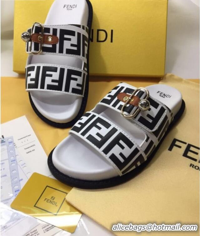 Good Looking Fendi FF Leather Flat Slide Sandals 72007 White/Black 2020