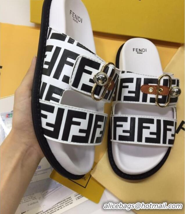 Good Looking Fendi FF Leather Flat Slide Sandals 72007 White/Black 2020