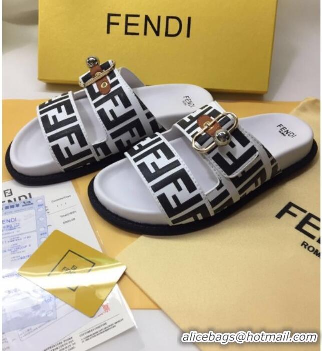 Good Looking Fendi FF Leather Flat Slide Sandals 72007 White/Black 2020