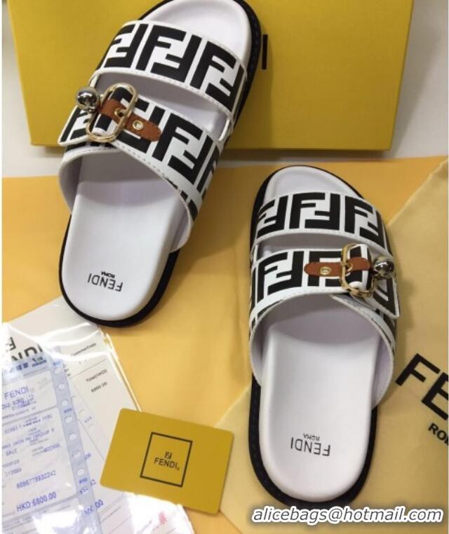 Good Looking Fendi FF Leather Flat Slide Sandals 72007 White/Black 2020