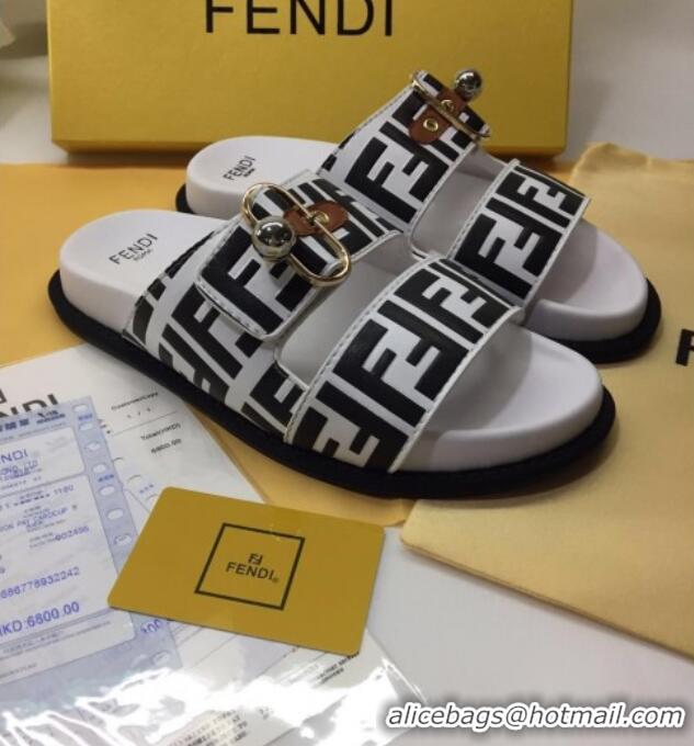 Good Looking Fendi FF Leather Flat Slide Sandals 72007 White/Black 2020