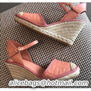 Top Design Fendi FF Leather Slingback Wedge Espadrilles Pink 72513