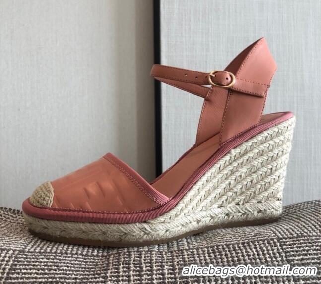 Top Design Fendi FF Leather Slingback Wedge Espadrilles Pink 72513