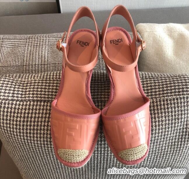 Top Design Fendi FF Leather Slingback Wedge Espadrilles Pink 72513