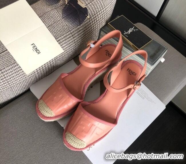 Top Design Fendi FF Leather Slingback Wedge Espadrilles Pink 72513