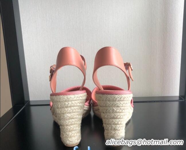 Top Design Fendi FF Leather Slingback Wedge Espadrilles Pink 72513