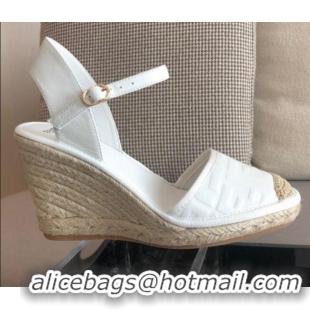 Low Cost Fendi FF Leather Slingback Wedge Espadrilles White 72515