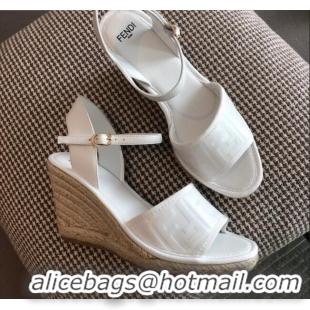 Shop Duplicate Fendi FF Leather Wedge Espadrilles Sandals White 72516