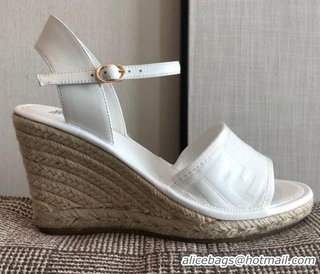 Shop Duplicate Fendi FF Leather Wedge Espadrilles Sandals White 72516